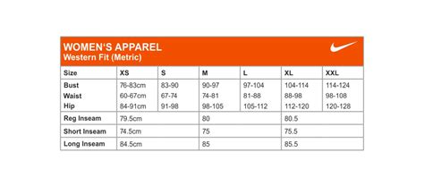 Nike women's shirts size chart